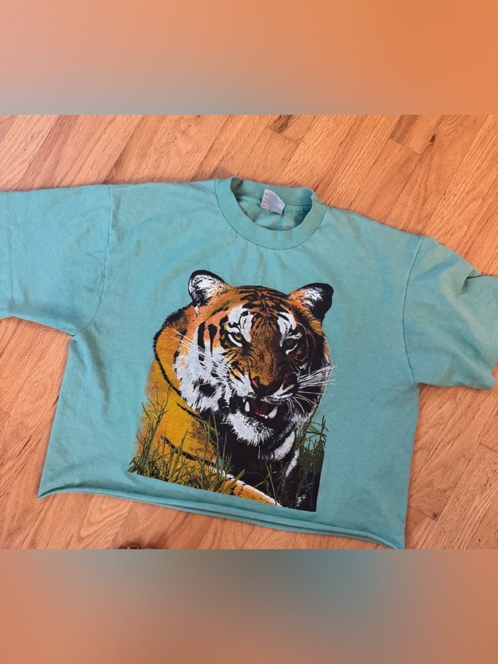 Vintage Cropped Tiger Graphic Tee - Aqua - Sz LG